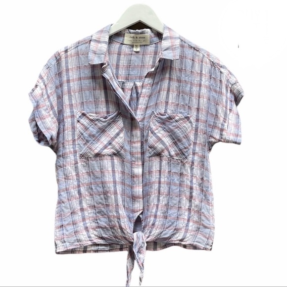 ANTHROPOLOGIE Cloth & Stone Plaid Button Down Chest Pockets Tie Front Top Small - Picture 9 of 11